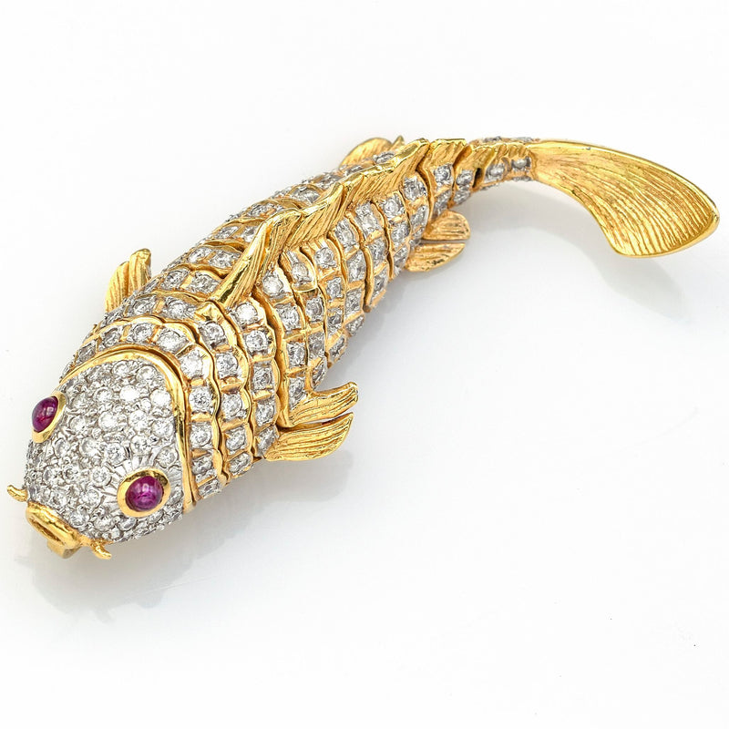 Vintage 18K Yellow Gold 2.25 TCW Diamond & Ruby Movable Koi Fish Pendant