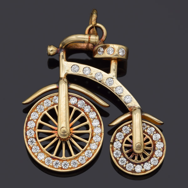 Vintage 14K Yellow Gold Bicycle CZ Charm Pendant 4.4 Grams