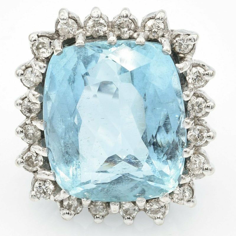 Vintage 14K White Gold Aquamarine And Diamond Cocktail Ring