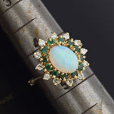 Vintage 14K Yellow Gold Opal, Emerald & 0.24 TCW Diamond Hinged Cocktail Ring