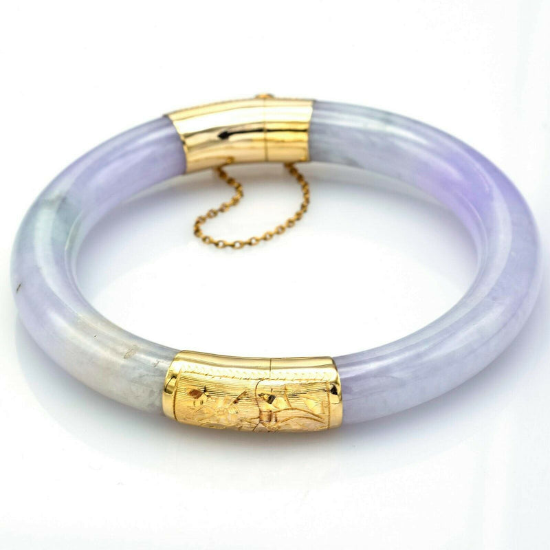 Vintage 14K Yellow Gold Lavender & Green Jade Hinged Bangle Bracelet