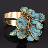Antique 14K Yellow Gold Genuine Persian Turquoise Dangle Multi-Charm Band Ring 9.0Gr