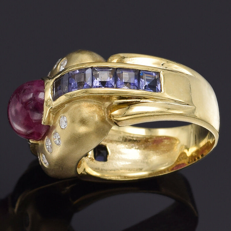 Vintage 14K Gold Natural Pink Tourmaline, Iolite & Diamond Band Ring