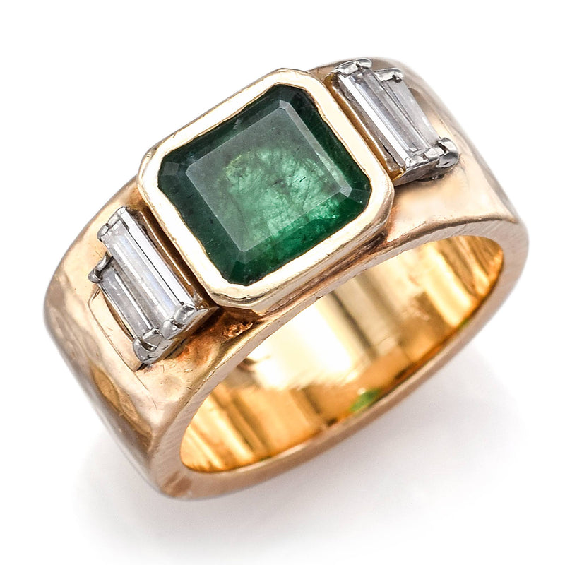 Vintage 14K Yellow Gold Emerald & 0.48 TCW Diamond Hand Made Wide Band Ring