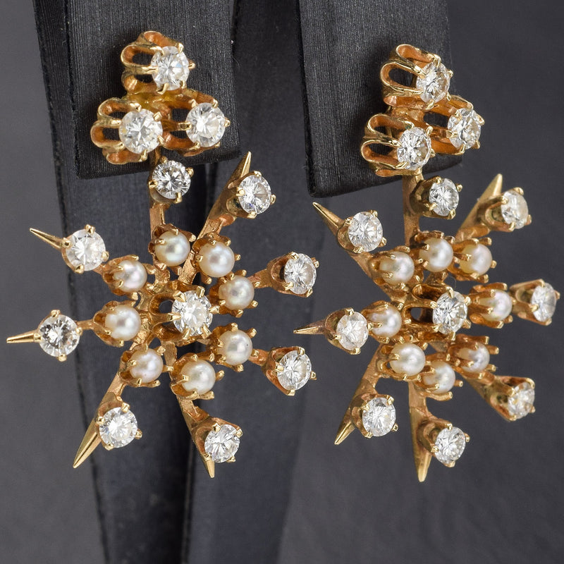 Vintage 14K Gold Diamond & Pearl Snowflake Ear Jacket Earrings