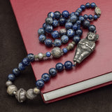 Chinese Antique Sterling Silver Nezha Sodalite Beaded Strand Necklace