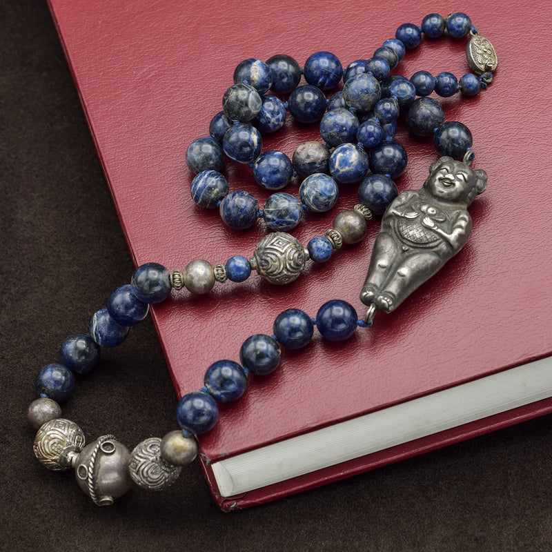 Chinese Antique Sterling Silver Nezha Sodalite Beaded Strand Necklace