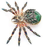 Antique Russian 14K Rose Gold Enamel Spider Brooch With Diamonds And Emeralds