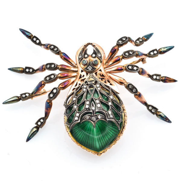Antique Russian 14K Rose Gold Enamel Spider Brooch With
