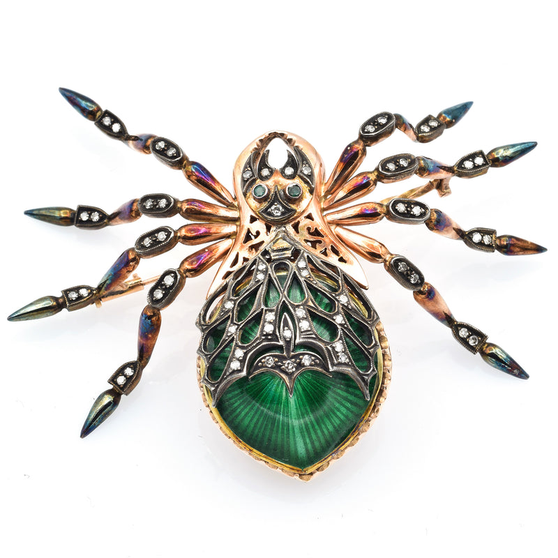 Antique Russian 14K Rose Gold Enamel Spider Brooch With Diamonds And Emeralds
