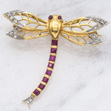 Vintage Levien 18K Yellow Gold Ruby And Diamond Dragonfly Brooch Pin