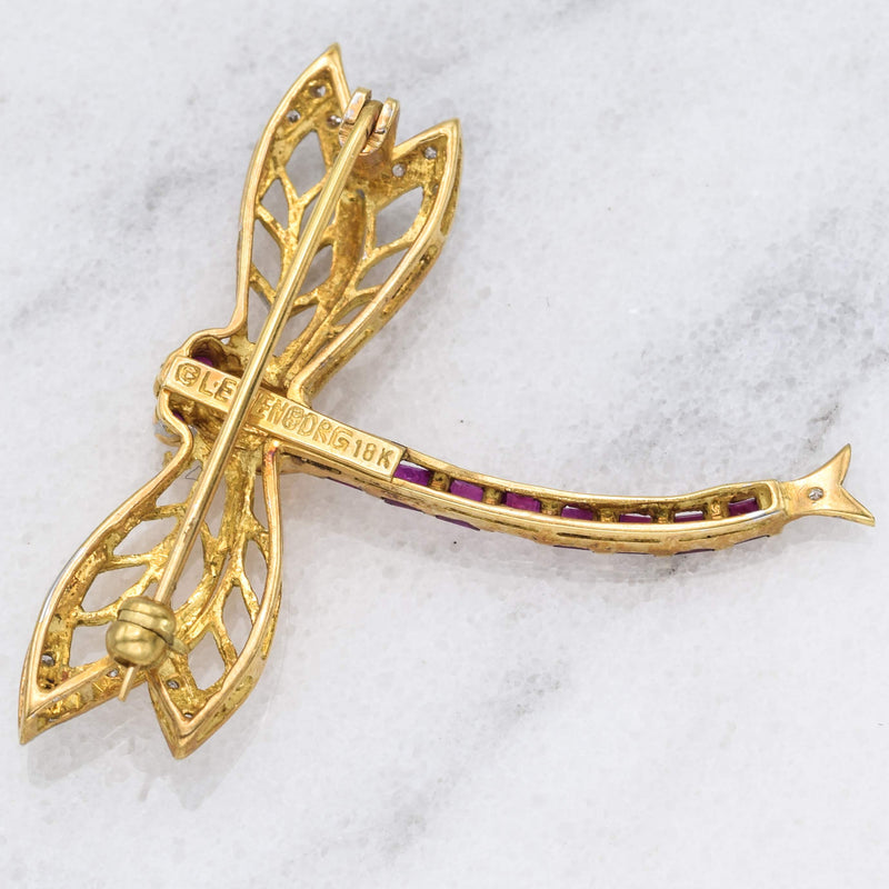 Vintage Levien 18K Yellow Gold Ruby And Diamond Dragonfly Brooch Pin