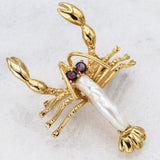 Estate 14K Yellow Gold Lobster Brooch With Baroque Pearl And Garnet