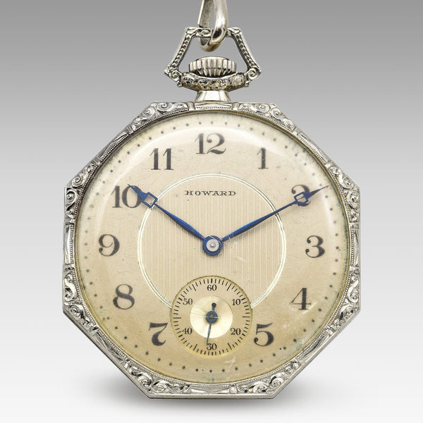 Antique 1920's 14K White Gold Howard Pocket Watch With 14K Gold Chain Original Box And Papers