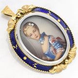 Victorian 18K Yellow Gold Enamel Diamond Hand Painted Portrait Pendant And Brooch