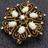 Vintage 14K Yellow Gold Opal & Diamond Filigree Pendant Brooch