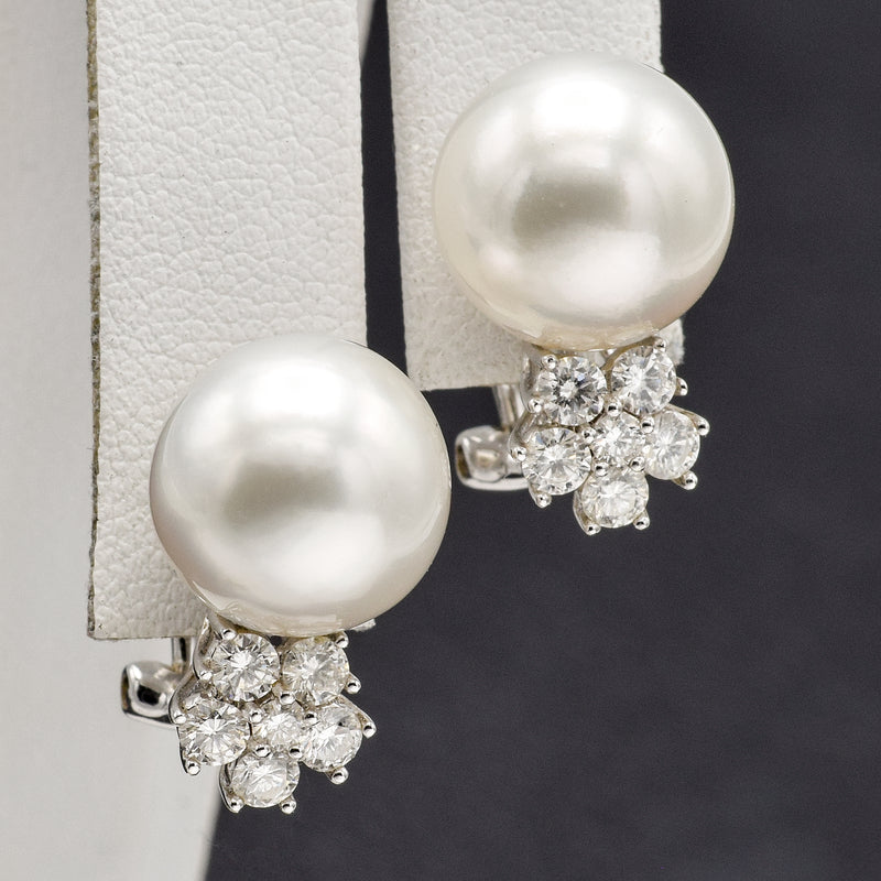 Estate 18K White Gold Akoya Pearl Diamond Cluster Omega Back Earrings