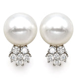 Estate 18K White Gold Akoya Pearl Diamond Cluster Omega Back Earrings