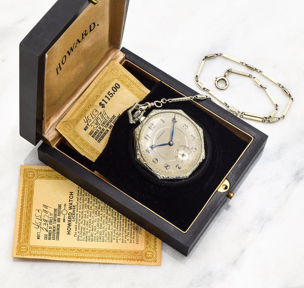 Antique 1920's 14K White Gold Howard Pocket Watch With 14K Gold Chain Original Box And Papers