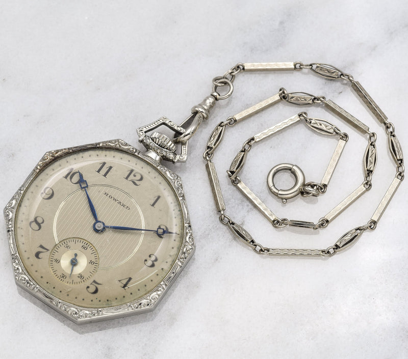 Antique 1920's 14K White Gold Howard Pocket Watch With 14K Gold Chain Original Box And Papers