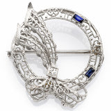 Vintage 14K White Gold Sapphire And Diamond Filigree Pin Brooch