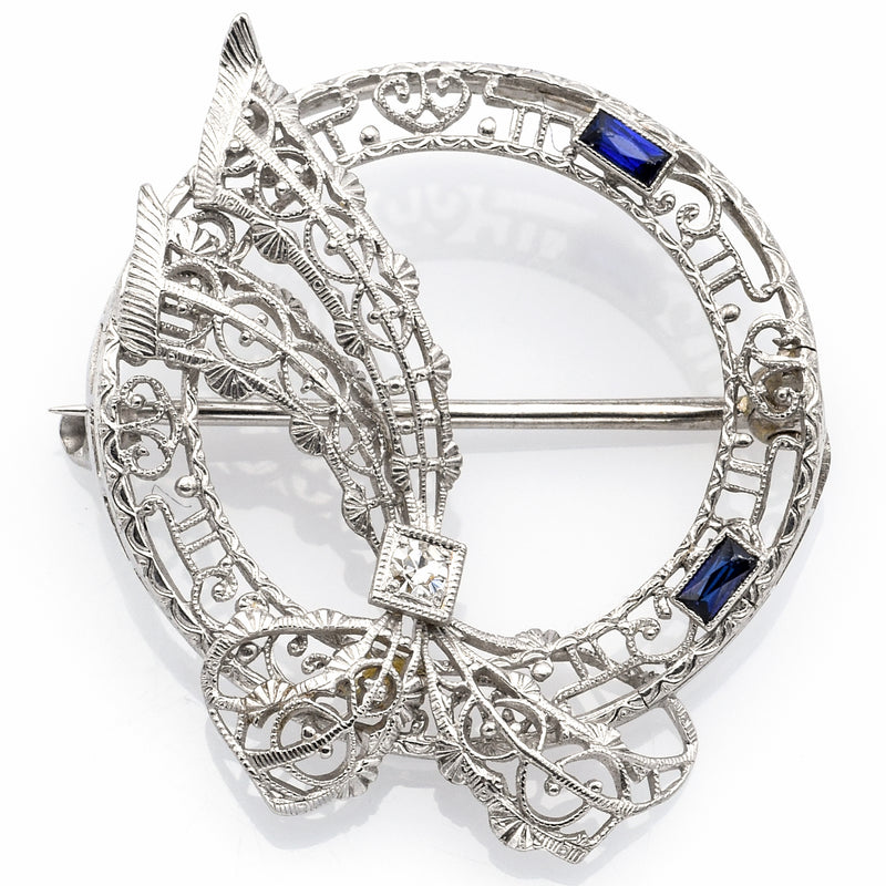 Vintage 14K White Gold Sapphire And Diamond Filigree Pin Brooch