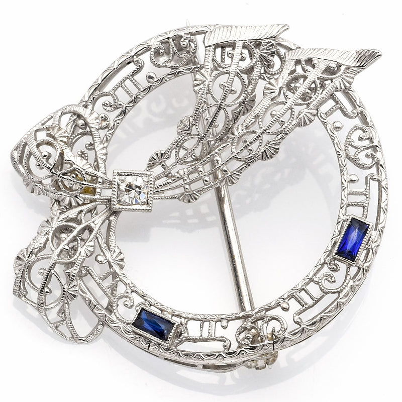 Vintage 14K White Gold Sapphire And Diamond Filigree Pin Brooch