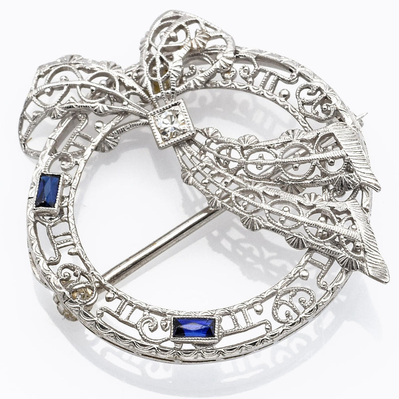 Vintage 14K White Gold Sapphire And Diamond Filigree Pin Brooch