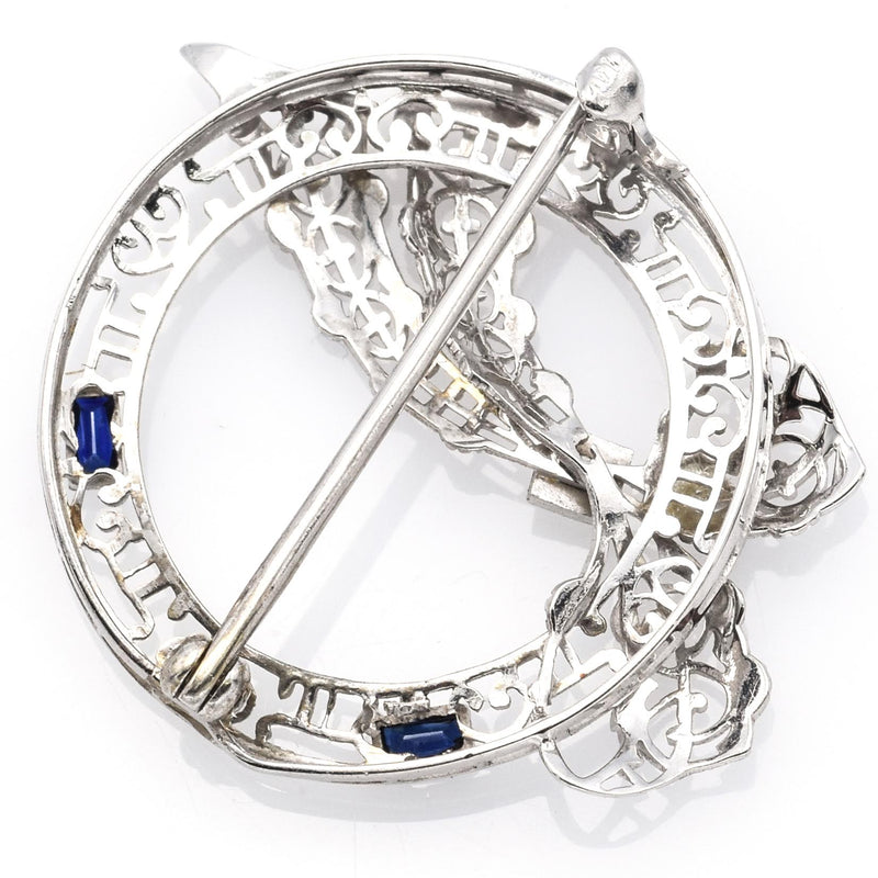 Vintage 14K White Gold Sapphire And Diamond Filigree Pin Brooch