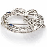 Vintage 14K White Gold Sapphire And Diamond Filigree Pin Brooch