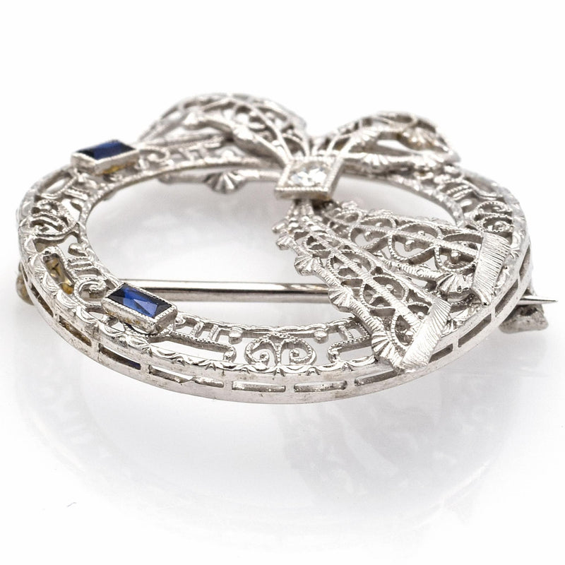 Vintage 14K White Gold Sapphire And Diamond Filigree Pin Brooch