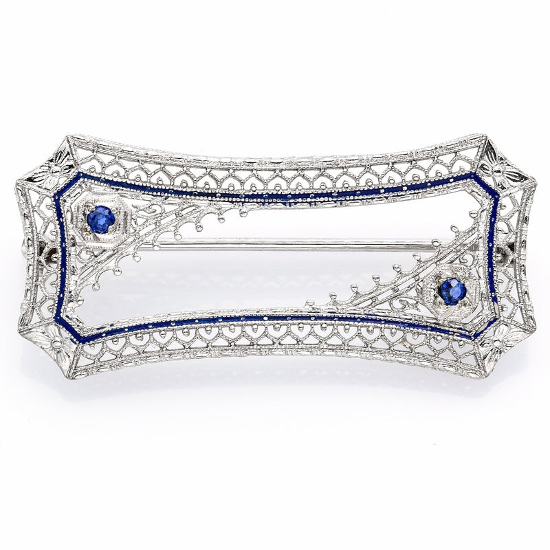 Antique 14K White Gold Sapphire Art Deco Etched Filigree Brooch Pin