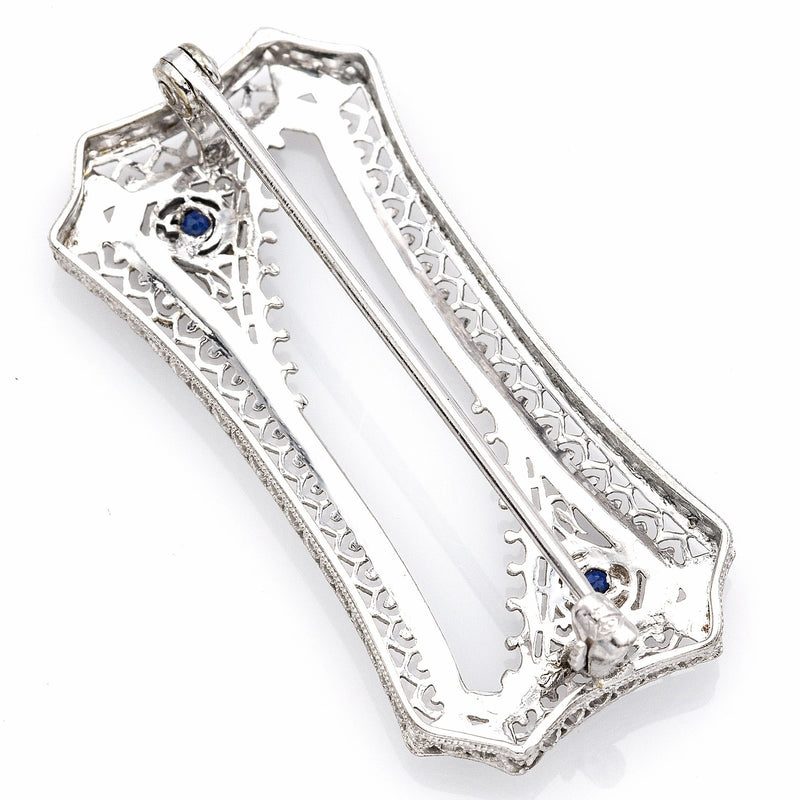 Antique 14K White Gold Sapphire Art Deco Etched Filigree Brooch Pin