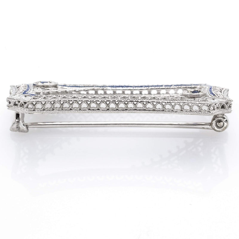 Antique 14K White Gold Sapphire Art Deco Etched Filigree Brooch Pin