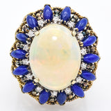 Vintage 14K Yellow Gold Opal Lapis Lazuli & Single Cut Diamond Cocktail Ring