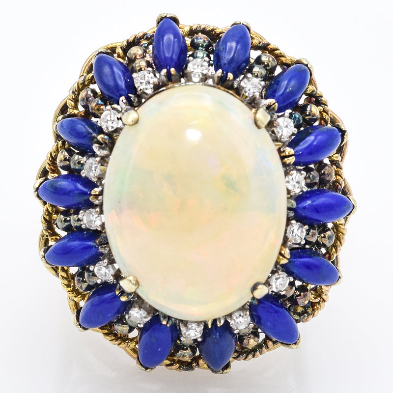 Vintage 14K Yellow Gold Opal Lapis Lazuli & Single Cut Diamond Cocktail Ring