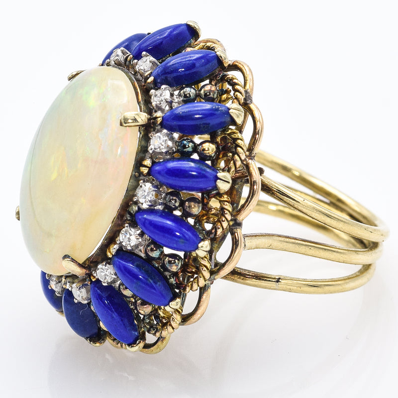 Vintage 14K Yellow Gold Opal Lapis Lazuli & Single Cut Diamond Cocktail Ring