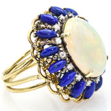 Vintage 14K Yellow Gold Opal Lapis Lazuli & Single Cut Diamond Cocktail Ring
