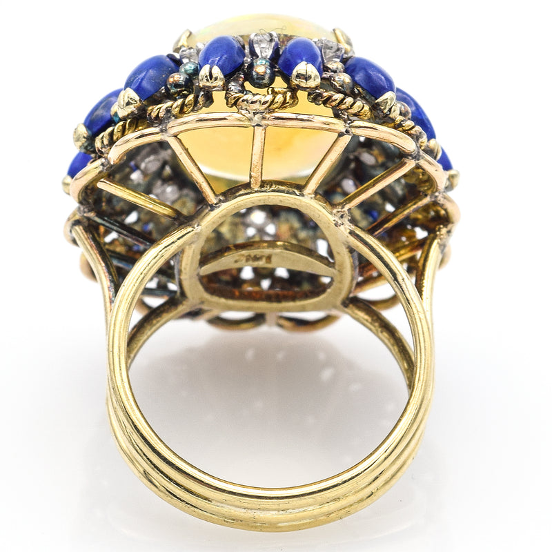 Vintage 14K Yellow Gold Opal Lapis Lazuli & Single Cut Diamond Cocktail Ring