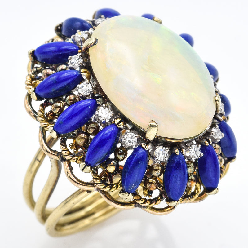 Vintage 14K Yellow Gold Opal Lapis Lazuli & Single Cut Diamond Cocktail Ring