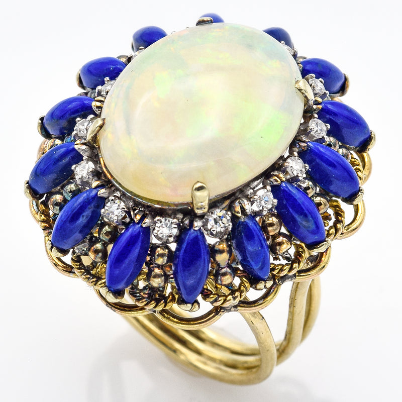 Vintage 14K Yellow Gold Opal Lapis Lazuli & Single Cut Diamond Cocktail Ring