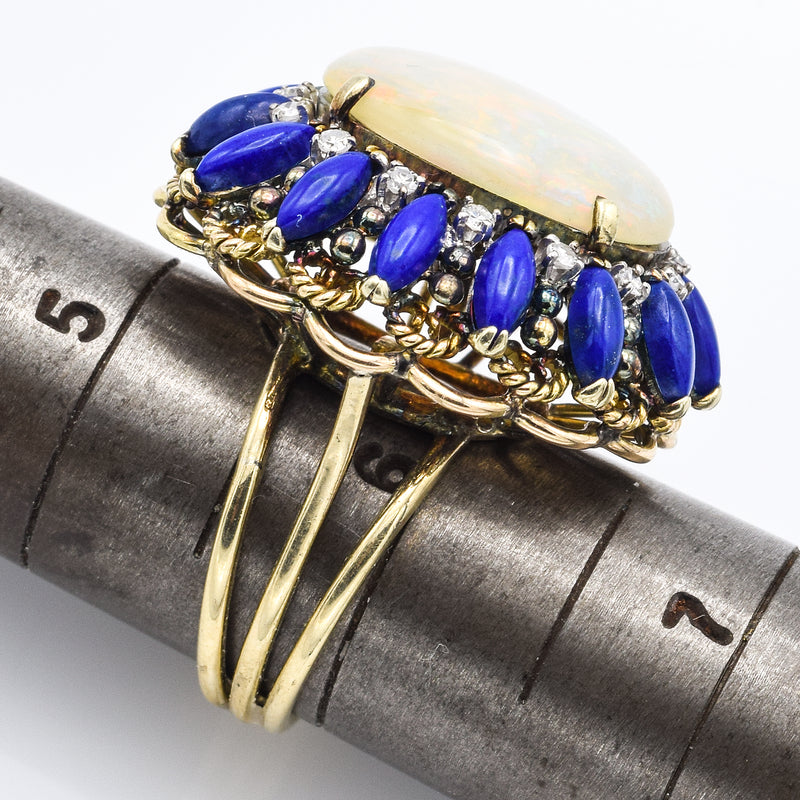 Vintage 14K Yellow Gold Opal Lapis Lazuli & Single Cut Diamond Cocktail Ring