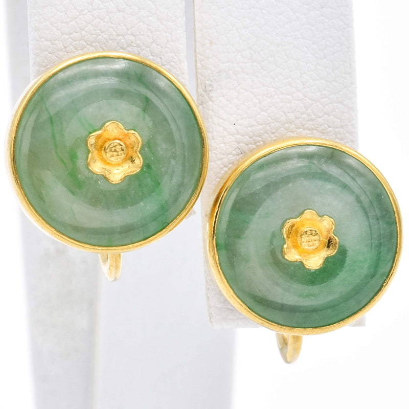 Vintage 20K Yellow Gold Round Green Jade with Floral Center Screw Back Earrings