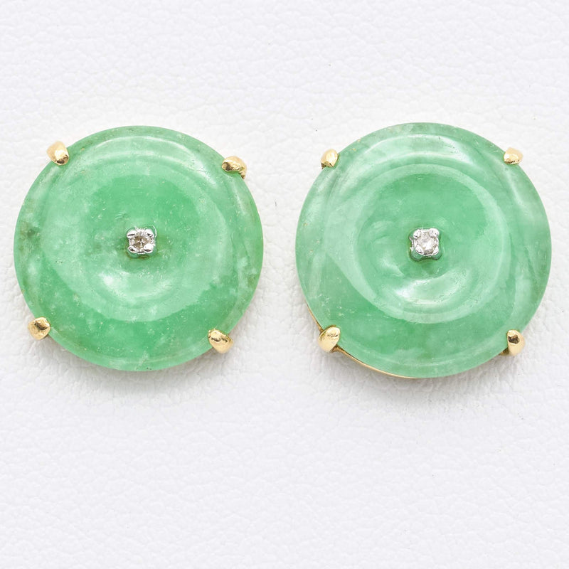 Vintage 14K Yellow Gold Round Green Jade Stud Earrings with Diamond Accent 4.0 Grams