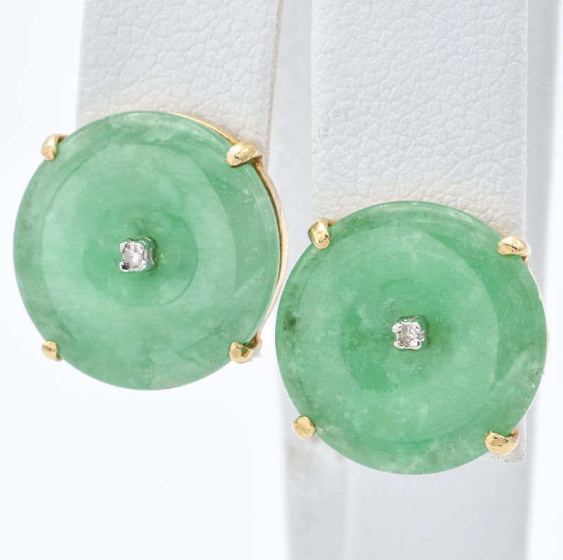 Vintage 14K Yellow Gold Round Green Jade Stud Earrings with Diamond Accent 4.0 Grams