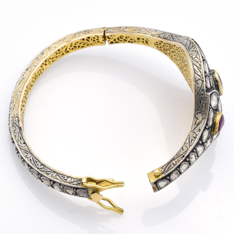 Antique 14K Yellow Gold Sterling Silver Mine Cut Diamond & Ruby Hinged Bangle Bracelet