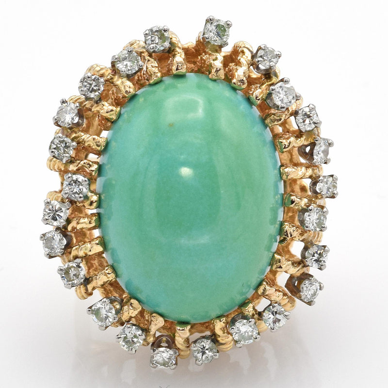 Vintage 14K Yellow Gold Green Turquoise & 0.72 TCW Diamond Filigree Cocktail Ring