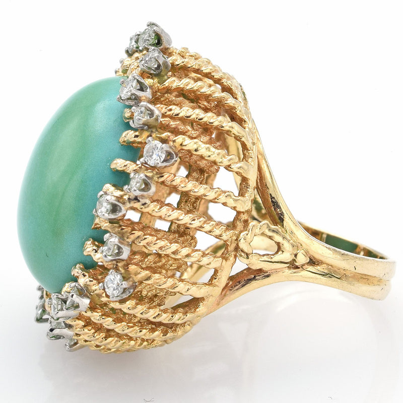 Vintage 14K Yellow Gold Green Turquoise & 0.72 TCW Diamond Filigree Cocktail Ring