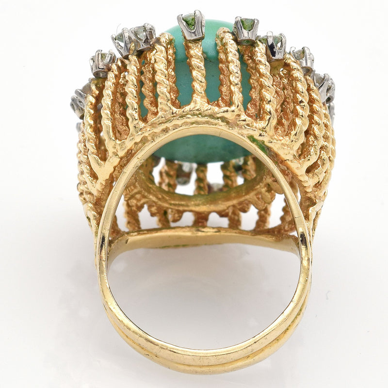 Vintage 14K Yellow Gold Green Turquoise & 0.72 TCW Diamond Filigree Cocktail Ring
