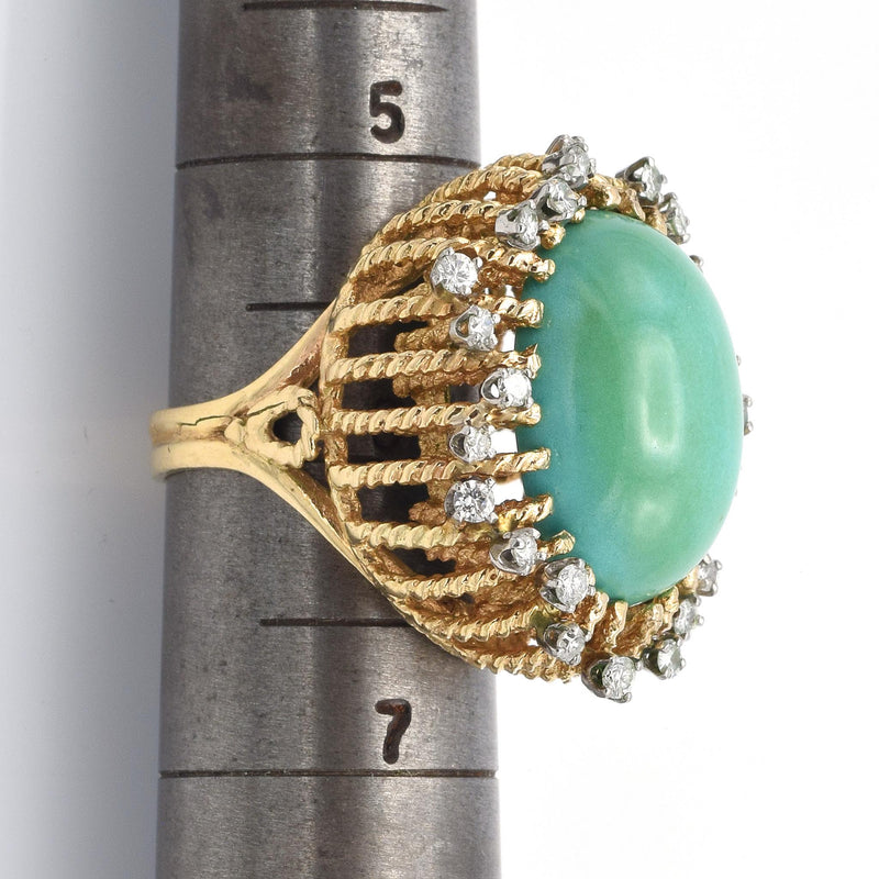Vintage 14K Yellow Gold Green Turquoise & 0.72 TCW Diamond Filigree Cocktail Ring